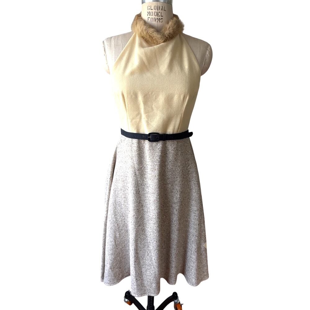 Mandate of Heaven Halter Dress in Cream Tweed & Vintage Fur Size Small